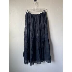 J. S. Edward Black Lace Witchy Boho Sequin Chiffon Long Flowy Pull On Skirt